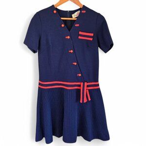 Vintage 1960s Elle Couture Ltd Navy Trevira Wool Blend Dress with Scarf